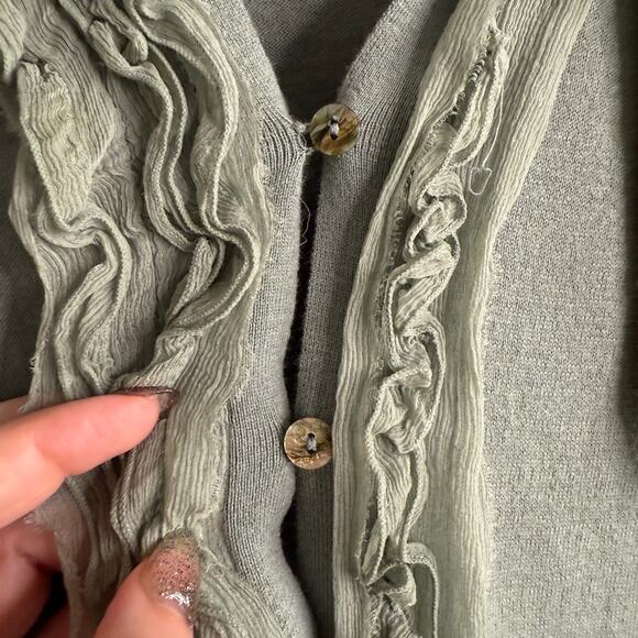 MOTH | Anthropologie Sage Green Wool Cotton Silk Ruffle Trim Cardigan | Large - Picture 5 of 6